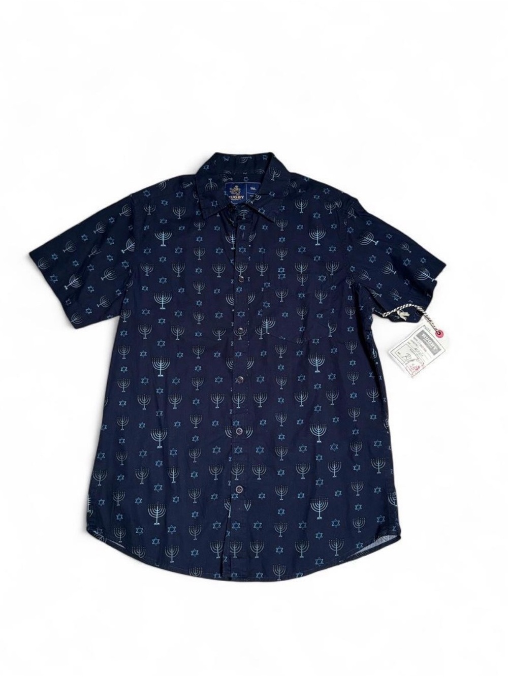 Short-Sleeve Navy Button-Down Shirt with All-Over Motif